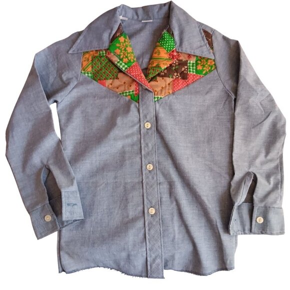 8 Vintage 1970's GIRLS Shirt QUILT TOP PRINT CHAMBRAY DENIM HIPPY Top NEW NWOT - Picture 1 of 6